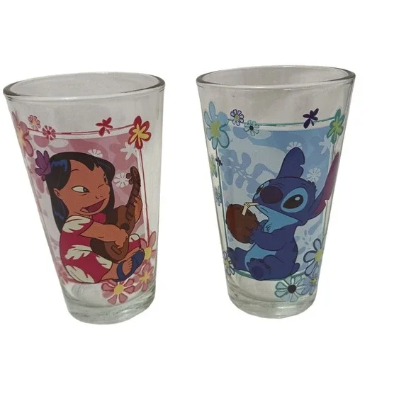 2 Disney Lilo & Stitch Drinking Glasses 16 oz PINK BLUE GIRLS BOYS  Glasswear Set